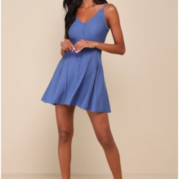Lulu's Flattering Disposition Blue Button-Front Ribbed Mini Dress- Large-L-NWT - Picture 4 of 13